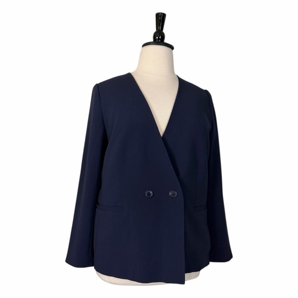 Talbots Navy Blue Double Breasted Collarless Blazer Jacket Women’s Size 14 New